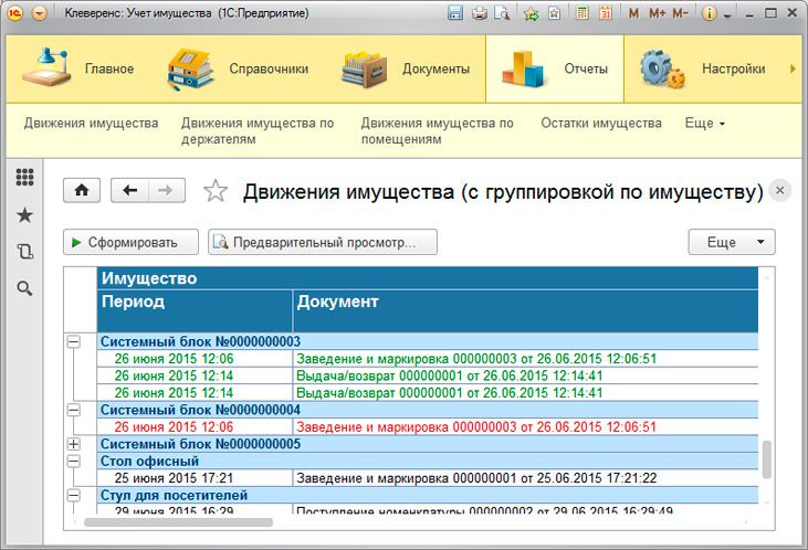 Отчет об истории движений имущества
